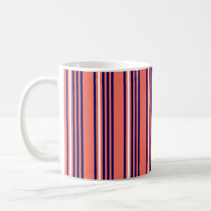 Coral, navy blue and white five stripes pattern coffee mug