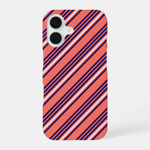 Coral, navy blue and white five stripes pattern iPhone 16 case