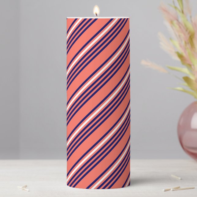 Coral, navy blue and white five stripes pattern pillar candle (In Situ)