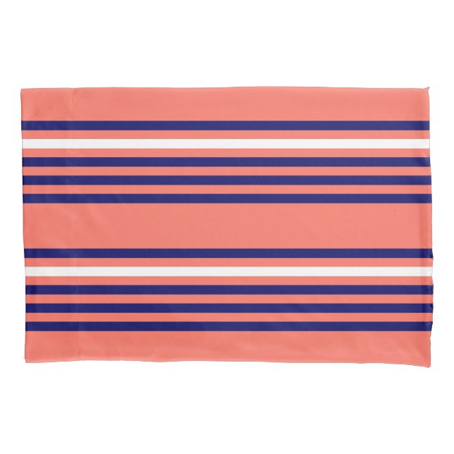 Coral, navy blue and white five stripes pattern pillow case (Front)