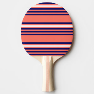 Coral, navy blue and white five stripes pattern ping pong paddle
