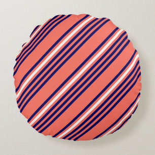 Coral, navy blue and white five stripes pattern round pillow