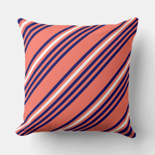 Coral, navy blue and white five stripes pattern throw pillow