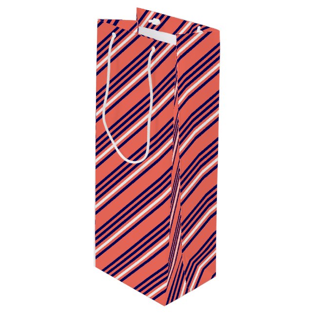 Coral, navy blue and white five stripes pattern wine gift bag (Front Angled)
