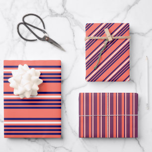 Coral, navy blue and white five stripes pattern wrapping paper sheets