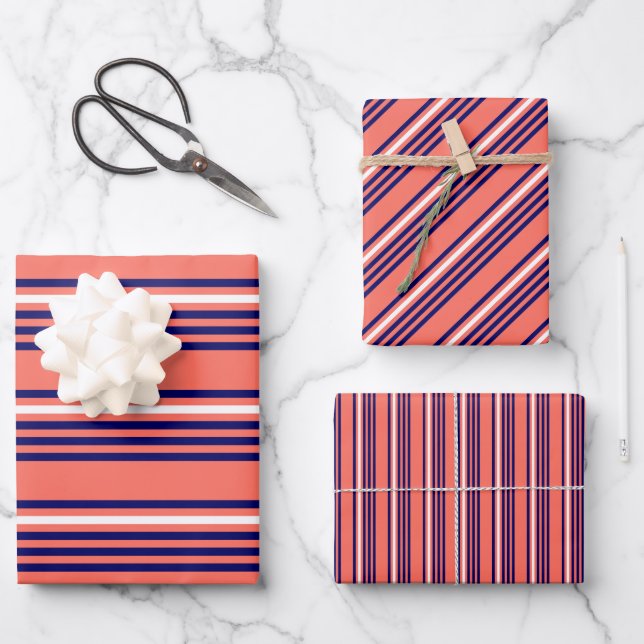 Coral, navy blue and white five stripes pattern wrapping paper sheets (Front)