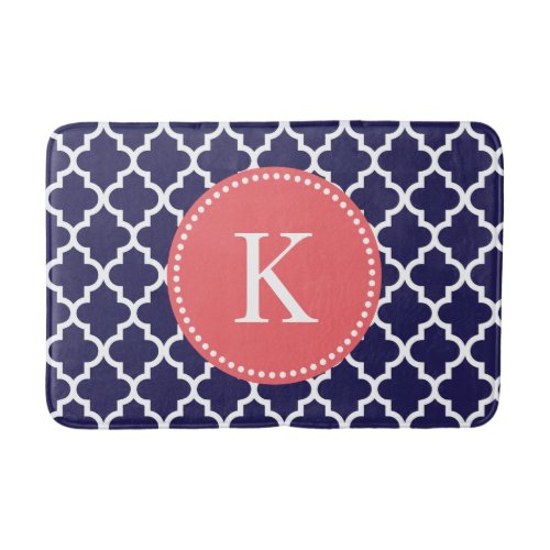 Coral Navy Blue Custom Monogram Quatrefoil Pattern Bathroom Mat