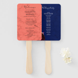 Coral Navy Blue  Elegant Modern Wedding Program Hand Fan