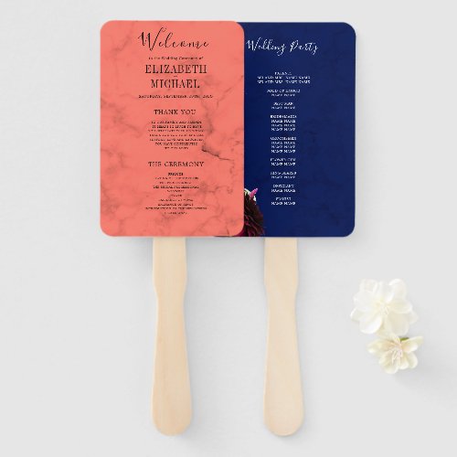 Coral Navy Blue Elegant Modern Wedding Program Hand Fan