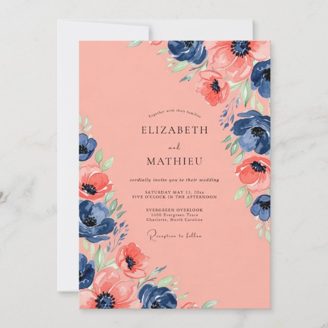 Coral Navy Blue Enchanting Summer Wedding Invitation (Front)