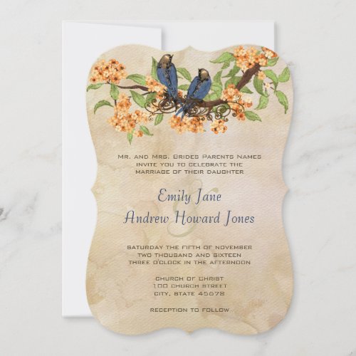 Coral Navy Blue Green Beige Vintage Love Birds Invitation