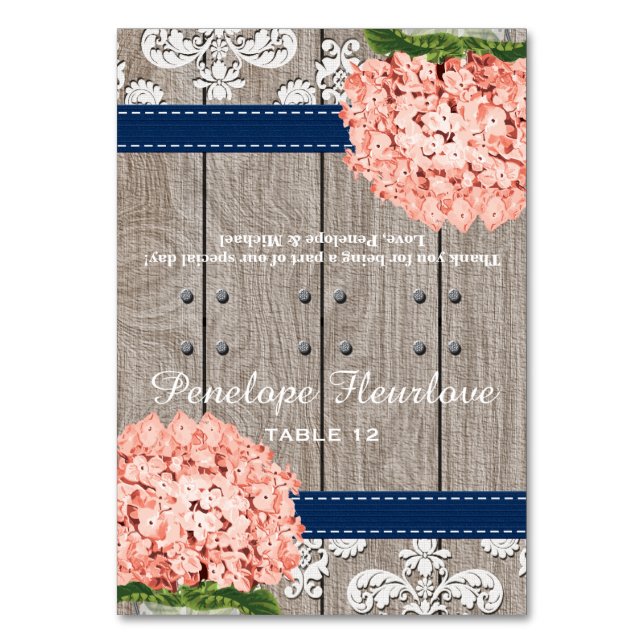 Coral Navy Blue Hydrangea DIY Tent Place Card (Front)