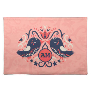 Coral Navy Blue Monogrammed Folk Art Birds Decor Cloth Placemat