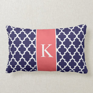 Coral Navy Blue Moroccan Custom Monogram Lumbar Pillow