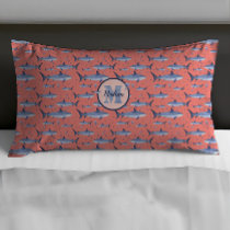 Coral &amp; Navy Blue Name + Watercolor Monogram Shark Pillow Case