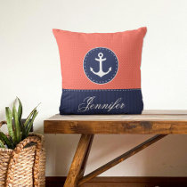 Coral Navy Blue Nautical Anchor Design Custom Name Throw Pillow