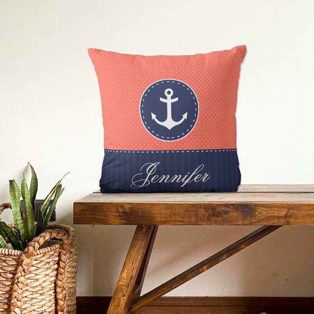 Coral Navy Blue Nautical Anchor Design Custom Name Throw Pillow (Creator Uploaded)