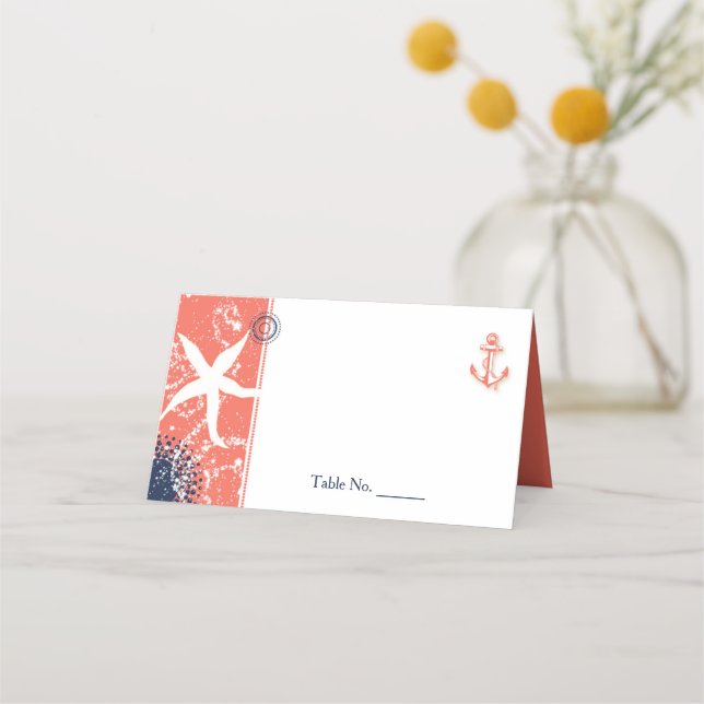 Coral & Navy Blue Nautical Wedding Place Card (Front)