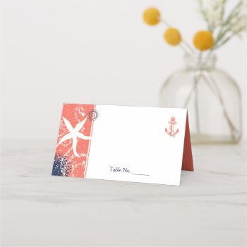Coral & Navy Blue Nautical Wedding Place Card by BridalHeaven at Zazzle
