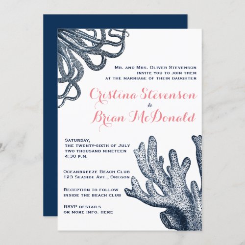 Coral  Navy Blue Sea Creature Nautical Wedding Invitation