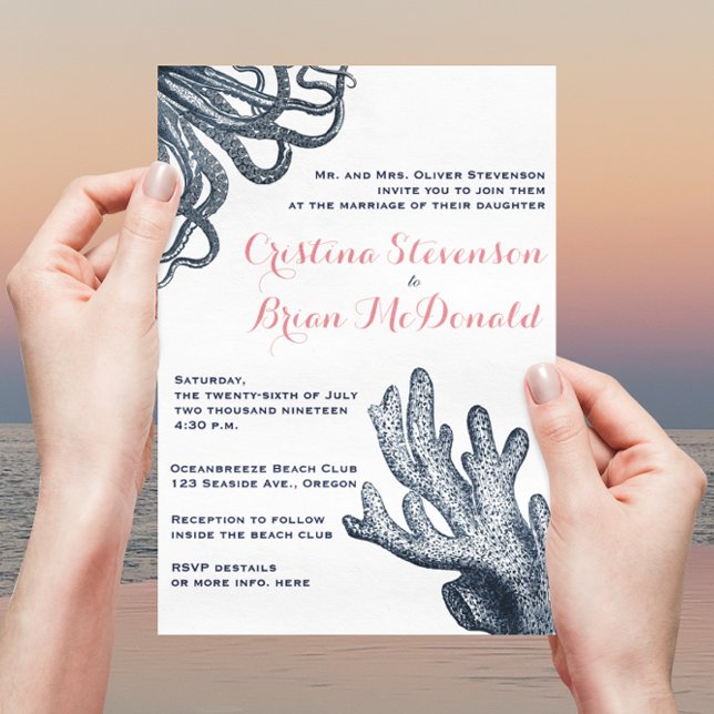 Coral & Navy Blue Sea Creature Nautical Wedding Invitation (Creator Uploaded)