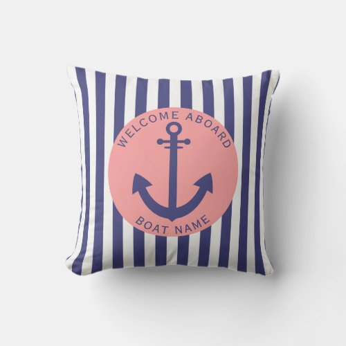 Coral Navy Blue Stripe Boat Name Anchor Nautical  Outdoor Pillow