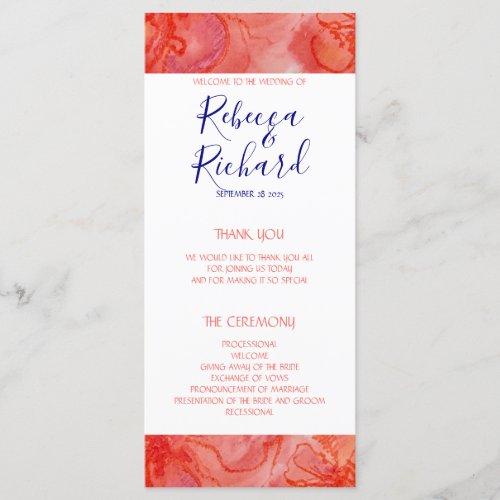 Coral Navy Blue Watercolor Floral Wedding Program