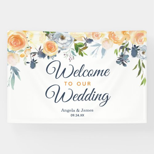 Coral Navy Blue Watercolor Floral Welcome Wedding Banner
