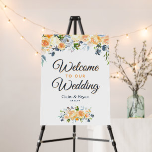 Coral Navy Blue Watercolor Floral Welcome Wedding Foam Board
