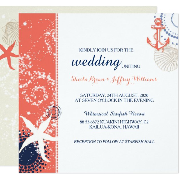 Coral Navy Blue White Nautical Wedding Invitation