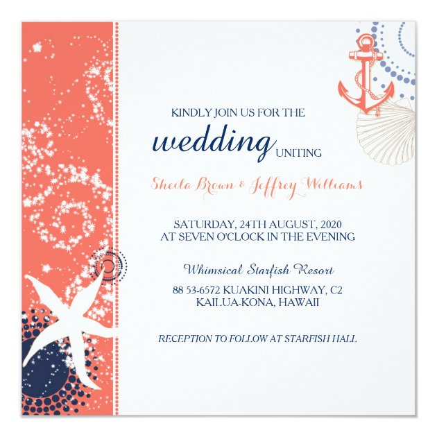 Coral Navy Blue White Nautical Wedding Invitation