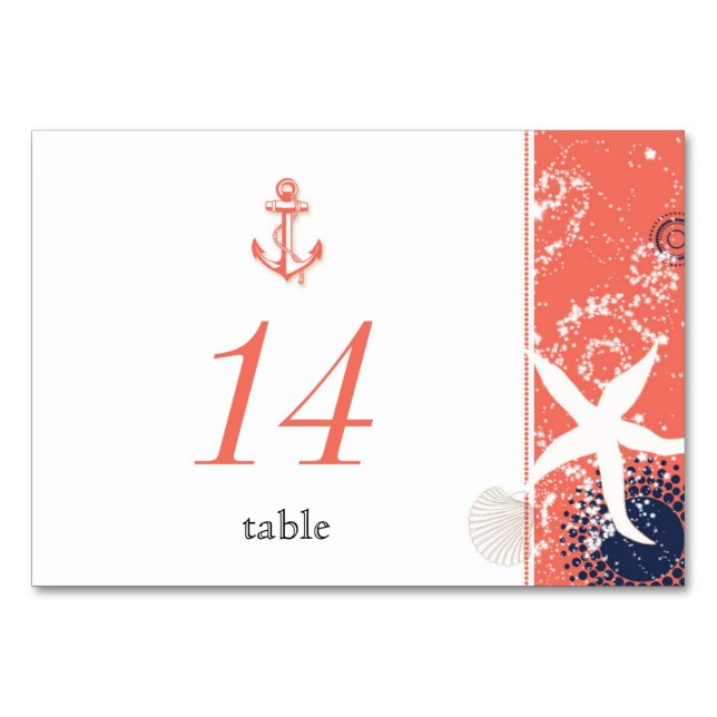 Coral Navy Blue White Nautical Wedding Table Number (Front)