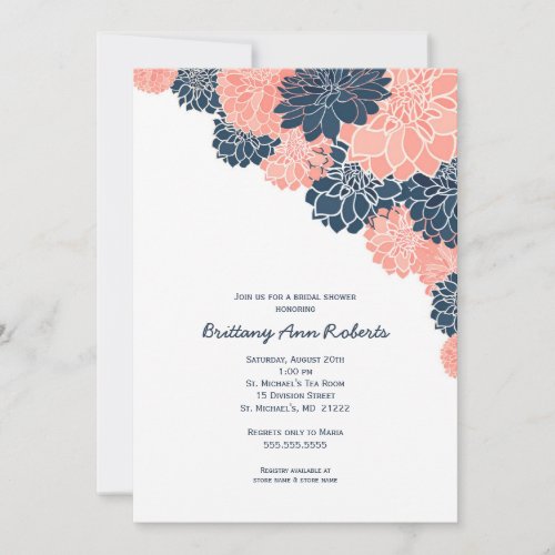 Coral Navy Dahlias Bridal Shower invites