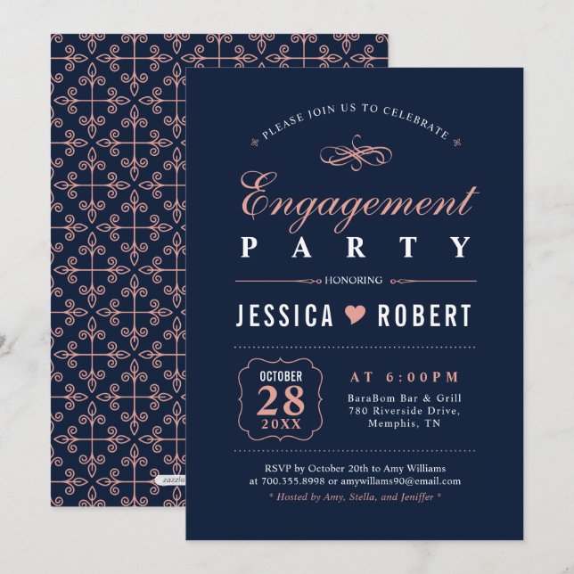 Coral & Navy | Elegant Engagement Party Invitation (Front/Back)