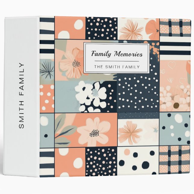 Coral Navy Floral Patchwork Quilt Pattern 3 Ring Binder (Front/Spine)