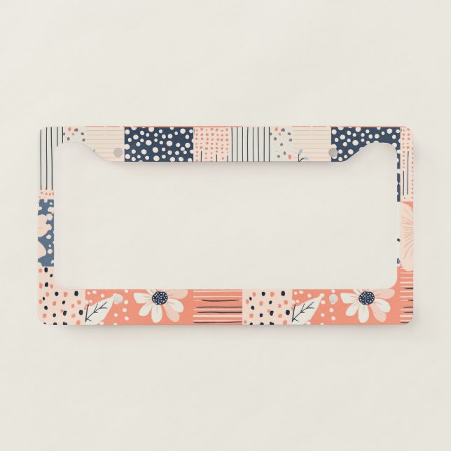Coral Navy Floral Patchwork Quilt Pattern License Plate Frame (Front)