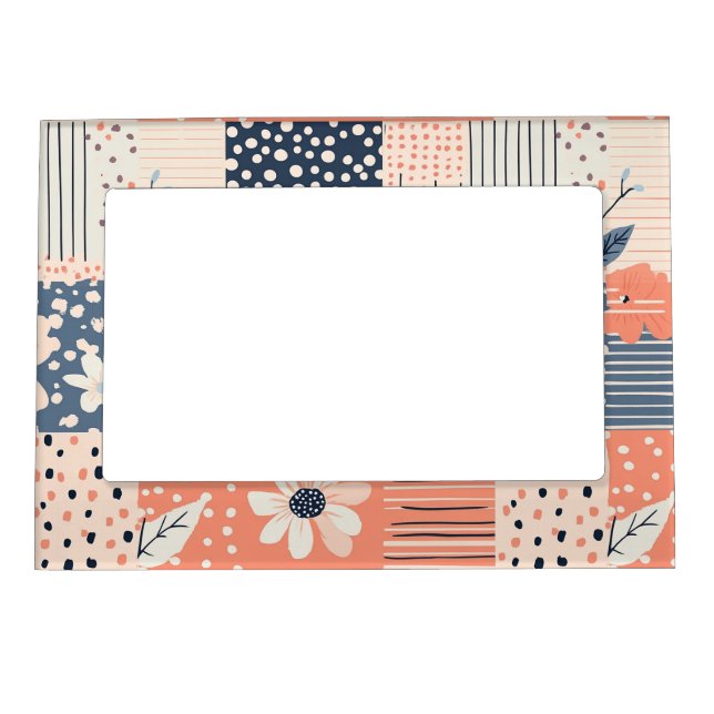 Coral Navy Floral Patchwork Quilt Pattern Magnetic Frame (Front)