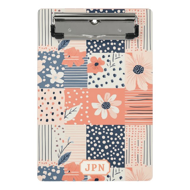 Coral Navy Floral Patchwork Quilt Pattern Mini Clipboard (Front)