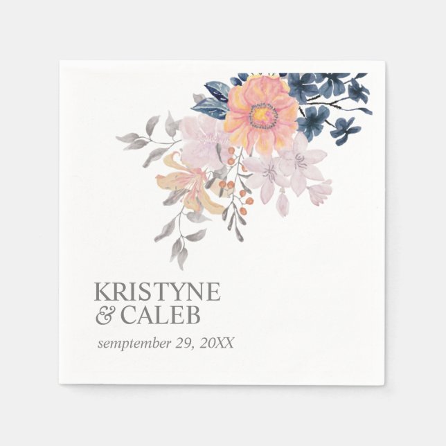 Coral & Navy Flowers chic personalized wedding  Napkins (Front)