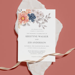 Coral & Navy Flowers Elegant Botanical Invitati Invitation