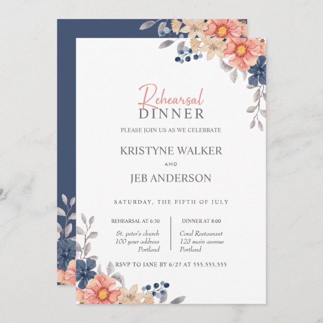Coral & Navy Flowers Elegant Rehearsal Dinner  Invitation (Front/Back)
