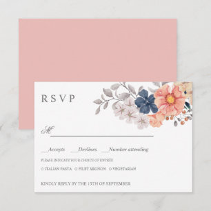 Coral Navy Flowers WEDDING RSVP MEAL CHOICE Card