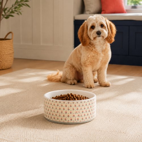 Coral Navy Folk Floral Block Print Ceramic Pet Bowl