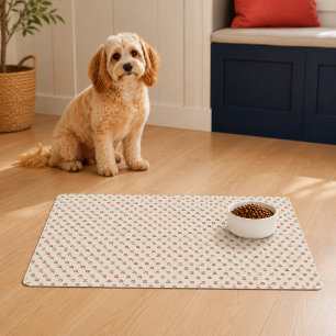 Coral Navy Folk Floral Block Print Pet Food Mat