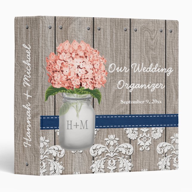 Coral Navy Hydrangea Mason Jar Wedding Planner Binder (Front/Spine)