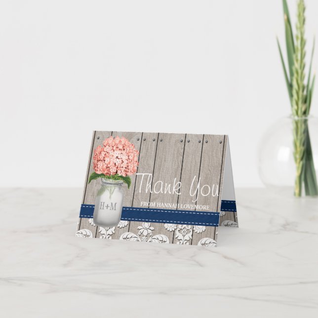 Coral Navy Hydrangea Monogram Mason Jar THANK YOU (Front)
