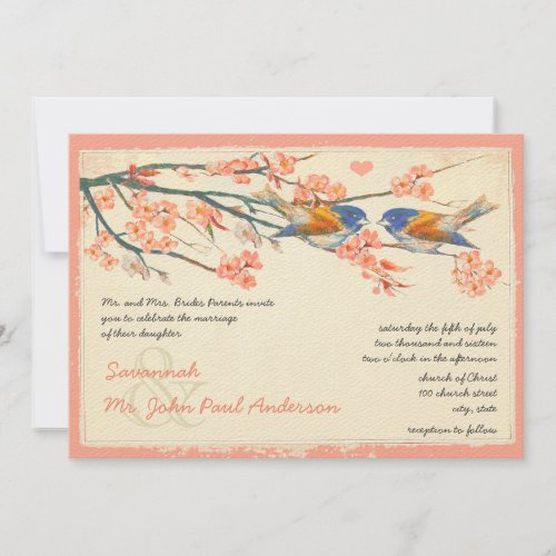 Coral Navy Love Bird Cherry Blossom Wedding Invitation