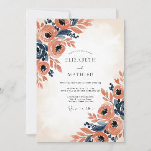 Coral Navy Picturesque Autumnal Wedding Invitation