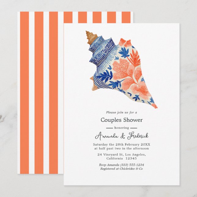 Coral & Navy Seashell Coastal Beach Couples Shower Invitation (Front/Back)