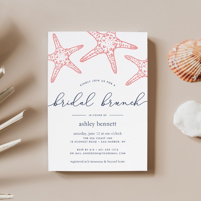Coral & Navy Starfish Bridal Shower Brunch Invitation